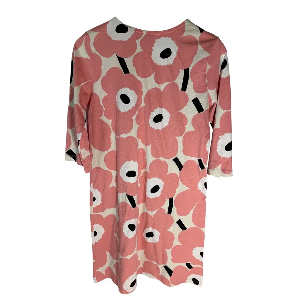 Marimekko Kauneus Unikko Pink Floral Cotton Shift Dress 3/4 Sleeve 049395 - Picture 2 of 9
